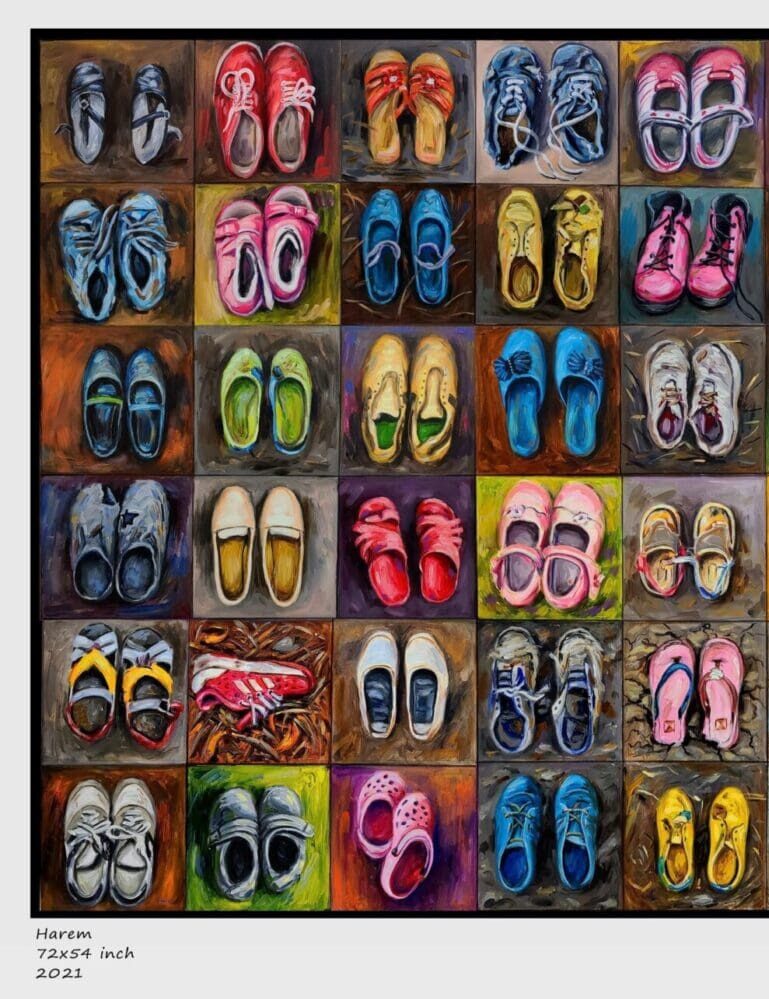 This artwork shows the shoes of refugee children, created by refugee artist, Harem Tahir,
