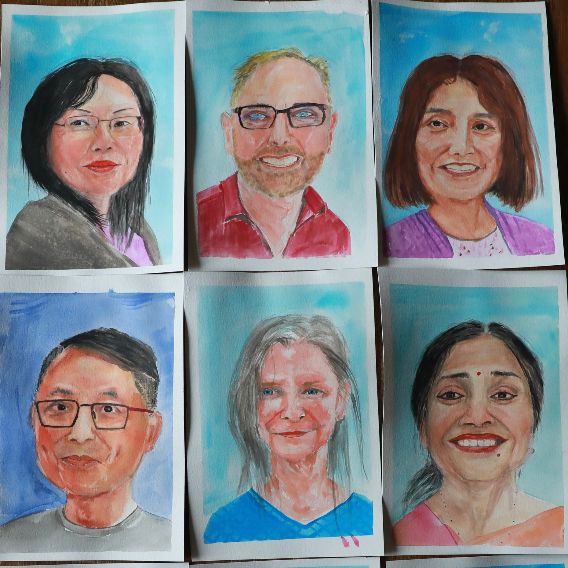 Collage of painted portraits arranged in a grid, representing many individuals and stories.