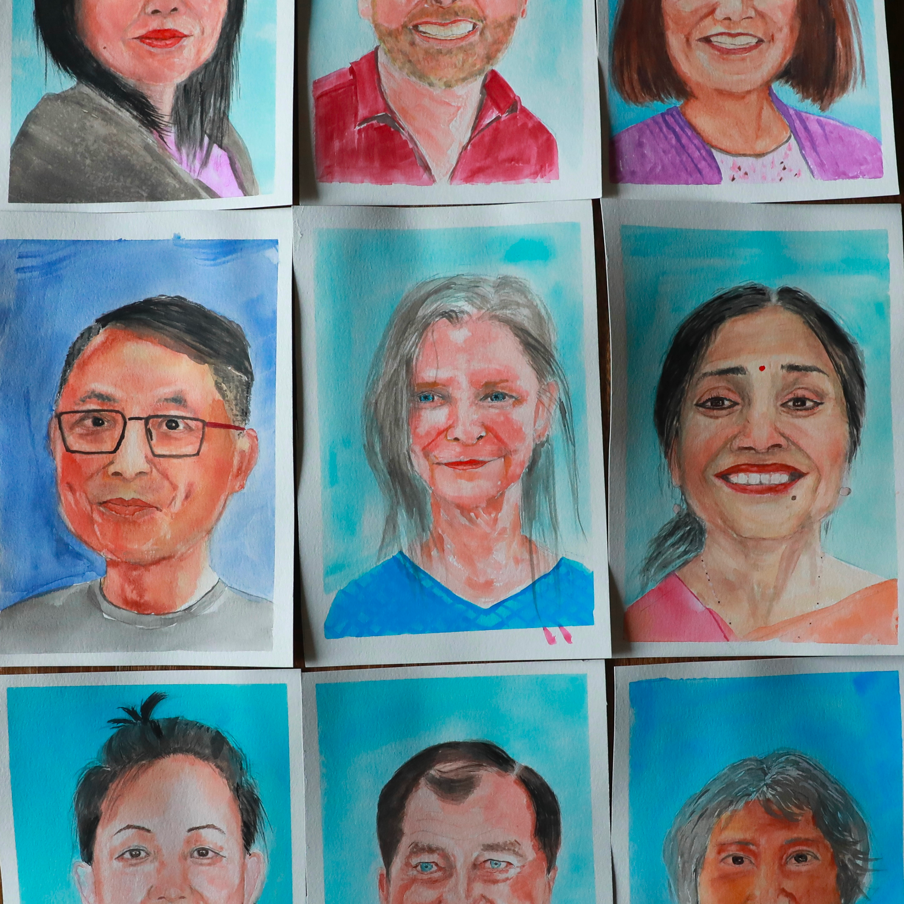 Collage of painted portraits arranged in a grid, representing many individuals and stories.