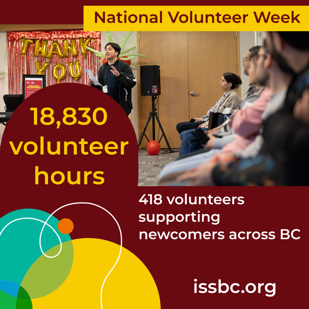 ISSofBC National Volunteer Week graphic showing volunteers at an event with text reading “18,830 volunteer hours” and “418 volunteers supporting newcomers across BC.